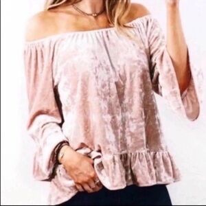 Sanctuary Off Shoulder Taupe Crushed Velvet Ruffle Bell Sleeve Stretch Top